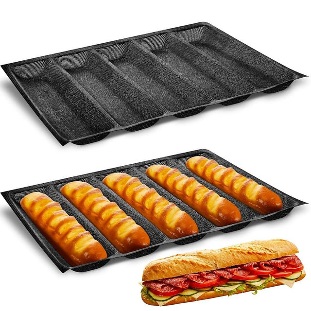 Maxcheck 2 Pcs Silicone Perforated Baking Forms Sandwich Mold French Baguette Bread Pan Mat 5 Loaf Non Stick Baking Liners for Home Kitchen