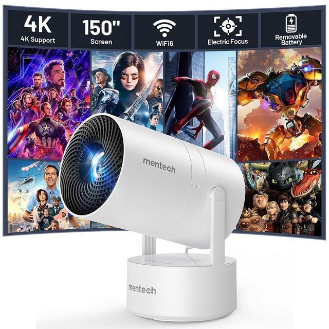 Mini Projector with WiFi and Bluetooth, 4K Decoding, 1080P Supported, 270 Rotatable, 150'' Screen, Auto Keystone, Home & Outdoor, Portable, Smart Projector, White