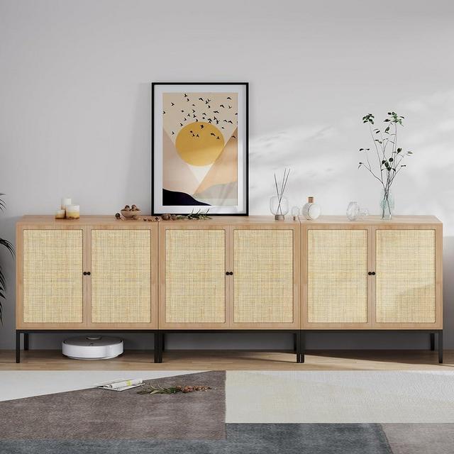 XIAO WEI Set of 3 Sideboard with Handmade Natural Rattan Doors, Rattan Cabinet Console Table Storage Cabinet Buffet Cabinet, for Kitchen, Living Room, Dining, Entryway,