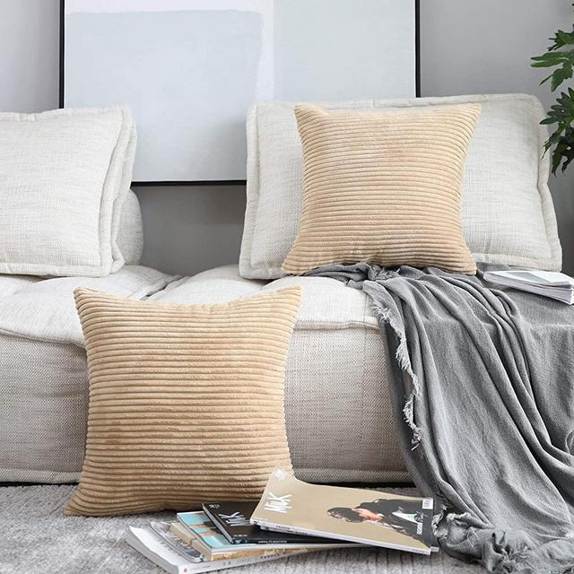 Home Brilliant Set of 2 Decorative Plush Velvet Corduroy Striped Throw Euro Pillow Sham Cushion Cover for Sofa, 26x26 inches (66cm), Taupe