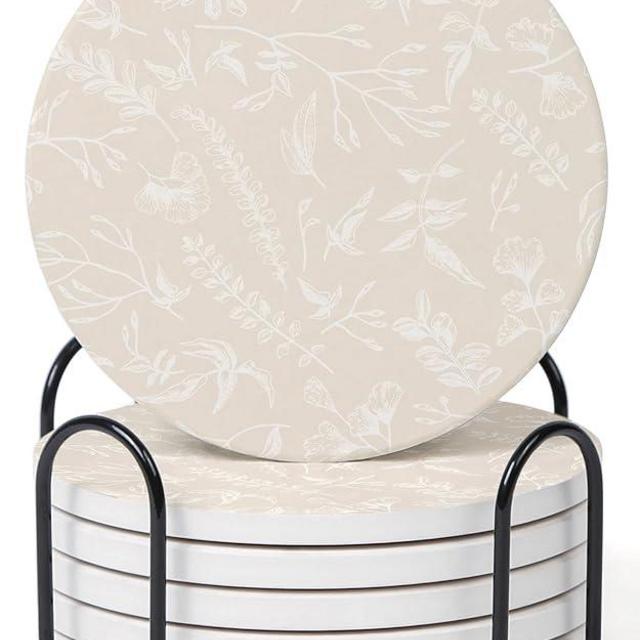 Hoomey Set of 6 Floral Beige Coasters with Holder, Absorbent Ceramic Drink Coasters with Cork Backing for Table Protection, Coffee Table Décor