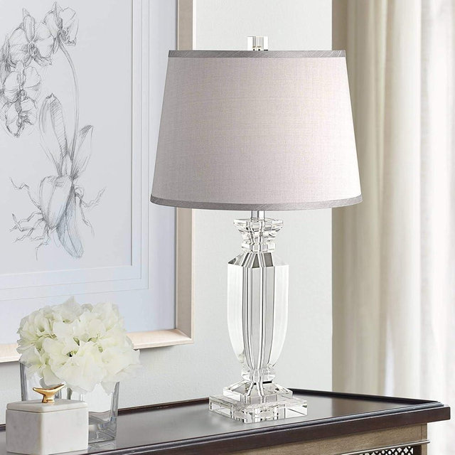 Vienna Full Spectrum Sherry Traditional Glam Luxury Table Lamp 25" High Clear Crystal Body Gray Tapered Drum Shade Decor for Living Room Bedroom House Bedside Nightstand Home Office Entryway Reading