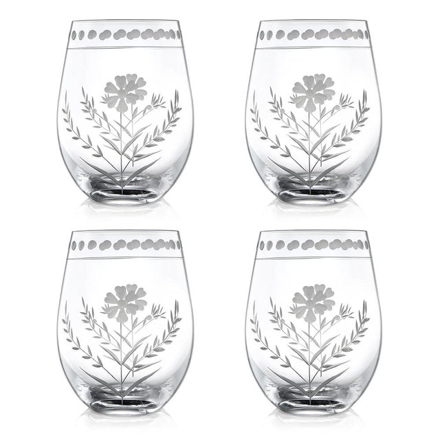 Joeyan Hand Blown Etched Stemless Wine Glasses,Carved Red and White Wine Tumbler with Floral Pattern,Clear Drinking Glass Cups,Glassware for Birthday Party Anniversary,19 oz,Set of 4,Dishwasher Safe