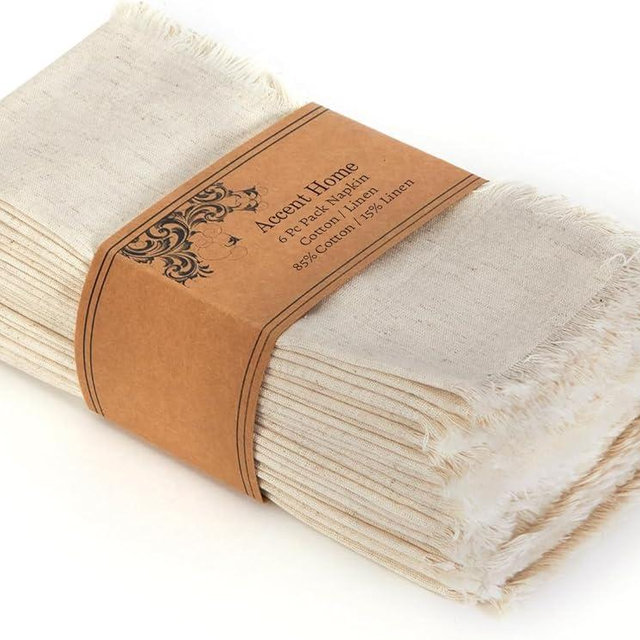 ACCENTHOME Natural Cotton Linen Napkin Set of 6 18x18 inch Dinner Napkins - Washable Soft Premium Hotel Quality Reusable Hemmed Edges Napkins Perfect Table Linens for Family Dinners, Weddings