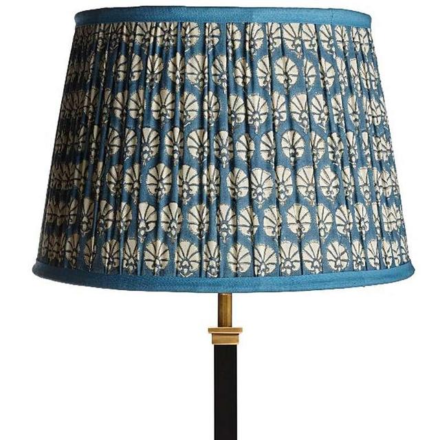 30cm empire gathered lampshade in turkish blue dervish block printed cotton (Pooky)