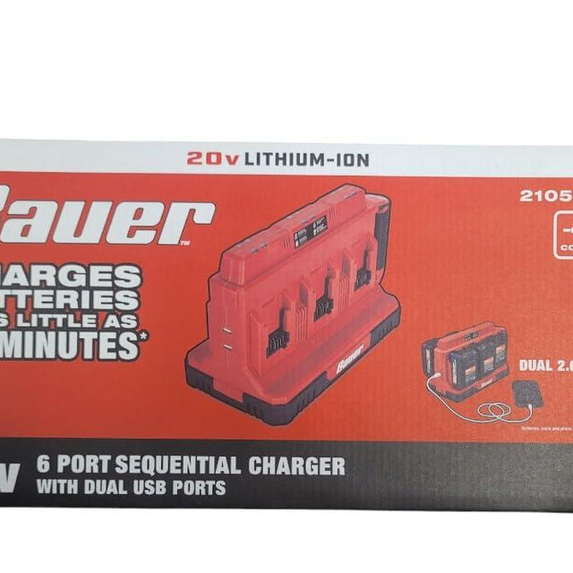 Generic 20V 6-Port Sequential Charger with Dual USB Ports Compatible with Bauer, Red