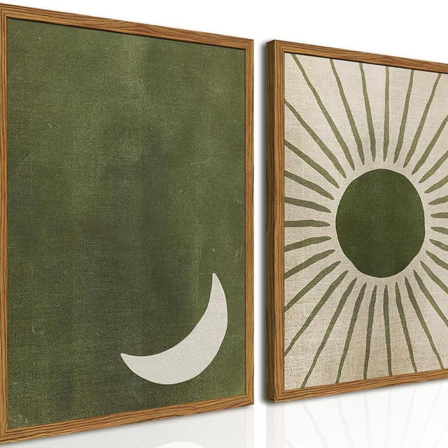 Framed Boho Sun and Moon Canvas Wall Art Set of 2, Vintage Sage Green Bohemian Pictures Wall Decor, Mid Century Modern Abstract Minimalist Paintings Prints for Living Room Bedroom Office 16x24 inch