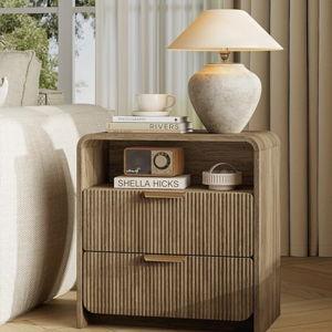 24" Wide Fluted Nightstand Set of 2, Side Table with Charging Station, End Table with 2 Drawers and Open Shelf, Night Stand for Bedroom, Curved Profile Design, Light Walnut