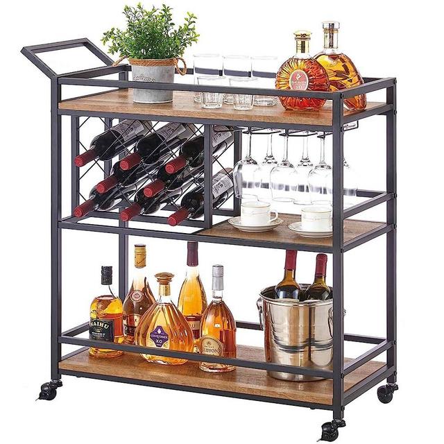 FATORRI Bar Cart for The Home with Wine Rack and Glasses Holder, Industrial Liquor Serving Carts on Wheels, Rustic Wood and Metal Coffee Cart and Drink Trolley for Dining Room and Kitchen (Rustic Oak)