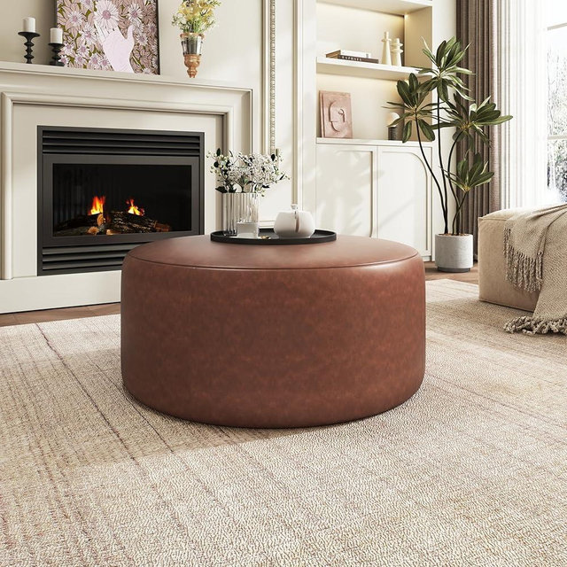 Christopher Knight Home GAVI 30" Ottoman Foot Stool, Faux Leather Pouf Footstool Ottoman Seat, Upholstered Foot Chair, Round Footrest, Modern Side Table for Living Room Bedroom Home Decor, Brown