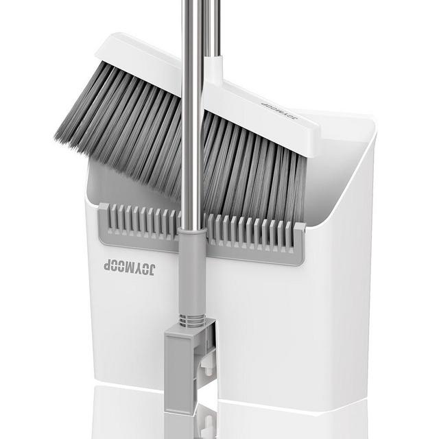 JOYMOOP White Broom and Dustpan Set, Upright Angle Design with Built-in Comb Teeth for Kitchen, Office, Pet Hair, Hard Floors