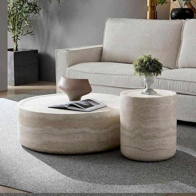 JURMALYN Round Coffee Table Set of 2 for Living Room Modern Drum Center Table Circle Side Tables for Apartment, No Need Assembly (Fiberglass 35.43'' &15.74'')
