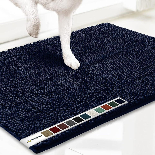 Muddy Mat® AS-SEEN-ON-TV Highly Absorbent Microfiber Dog Door Mat and Pet Rug, Non Slip Thick Washable Area and Bath Mat Soft Chenille for Kitchen Bathroom Bedroom and Indoor - Navy Blue Large 35"X24"