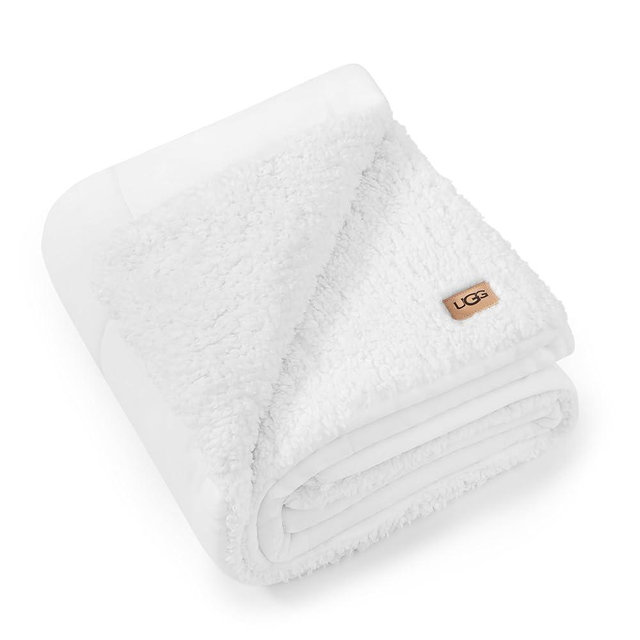 UGG Nita Throw Blanket Soft Reversible Plush Throw for Couch or Bed Washable Warm Fluffy Blanket for College Dorm Essentials and Bedding with Down Alternative Fill, 50-inch x 70-inch, White Snow