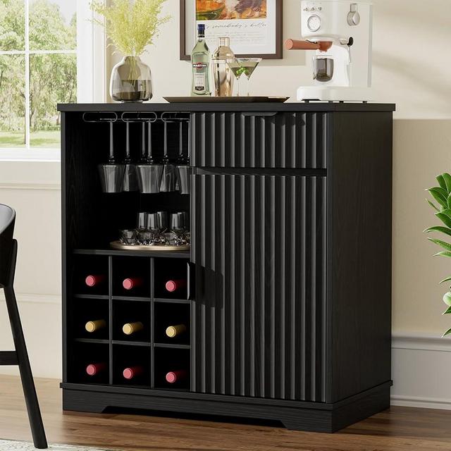 Aauro Home Fluted Coffee Bar Cabinet, Modern Liquor Cabinet with Glass Holder & Wine Rack, Wine Bar Cabinets with Storage, Buffet Sideboard for Living Room, Kitchen, Dining Room, Black