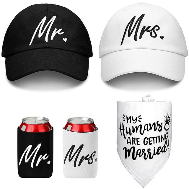 Frienda 5 Pieces Mr and Mrs Present Set Include 2 Mr Mrs Can Cooler Sleeves Couples Can Cooler 2 Wedding Baseball Caps Mr Mrs Hats and Wedding Dog Bandana Pet Scarf for Wedding Shower Newlyweds Couple