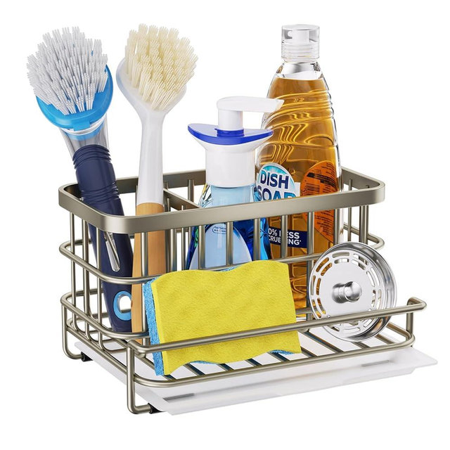 HapiRm Kitchen Sink Caddy Organizer - Versatile Sponge Holder with Drain Tray, SUS304 Stainless Steel Rustproof Kitchen Sink Organizer Storage for Countertop- Brushed Nickel