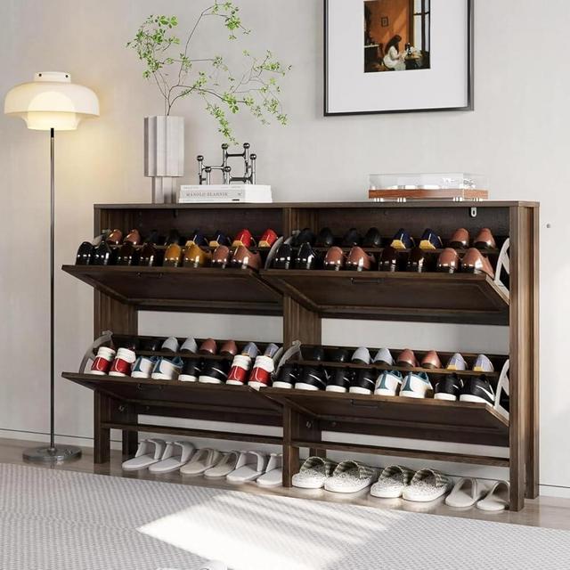 LOUVIXA Shoe Cabinet with 4 Flip Drawers, Narrow Shoe Storage Cabinet, Freestanding Shoe Cabinet Organizer, Hidden Shoe Rack Cabinet for Entryway, Hallway (4-Drawers, Brown/4-drawers)