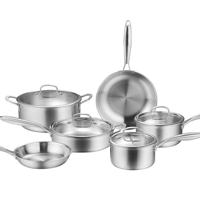 CookAnswer 10-Piece Tri-Ply Stainless Steel Cookware Set - Induction-Ready, Glass Lids,Pots and Pans Kitchen Set, Riveted Handles, Dishwasher Safe, Compatible with All Cooktops