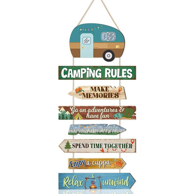 IARTTOP Camping Rules Wooden Wall Hanging Sign 11"x18.9" Inspirational Quote Camper RV Wall Decor Vintage Travel Trailer Wall Art for Backyard Outdoor Cabin Gifts for Camping Lovers