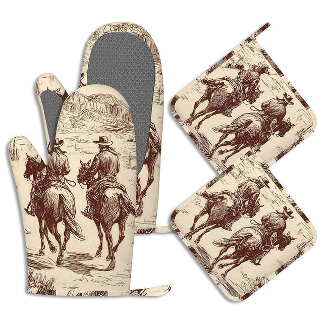 Western Cowboy Oven Mitts and Pot Holders Vintage West Desert Silicone Kitchen Accessories Set of 4 Heat Resistant Non-Slip Long Gloves Potholder for Chef Cooking Baking Gifts Women Men
