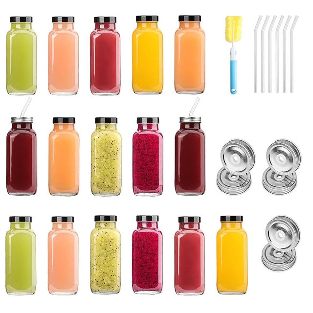 16 Pack 16 OZ Glass Juice Bottles with Airtight Lids & 4 Straws & 6 Lids w Hole, Reusbale Clear Glass Homemade Drinking Jars, Glass Bottles for Juicing, Smoothies, Water, Milk, Kombucha
