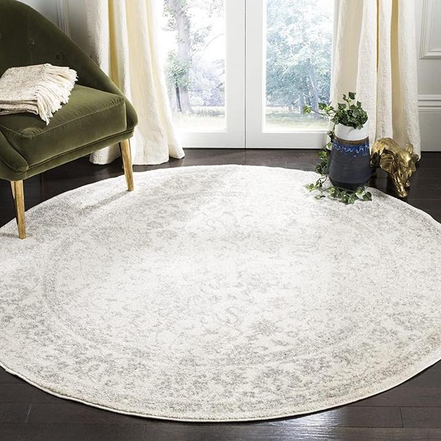 Safavieh Adirondack Collection ADR109C Oriental Distressed Area Rug, 5' x 5' Round, Ivory / Silver