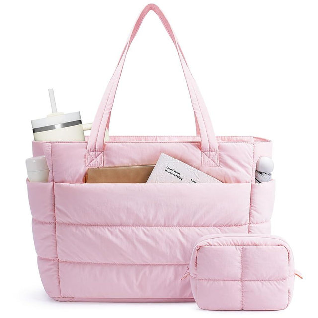 Narwey Nylon Puffer Tote Bag for Women, Puffy Work Nurse Teacher Tote Bag, Quilted Shoulder Bag for Travel, Gym, Gifts