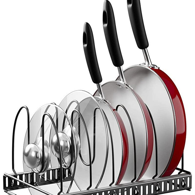 Expandable Storage for Pots and Pans and Kitchen Cabinet Organizers - Bakeware Pot Lid Holder Organizer Rack with 6 Adjustable Pan Organizer Dividers Scratch Protection-1 Large (8"W) Rack-Dark Grey