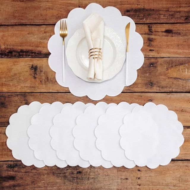 Qinyoung 6 Pieces White Placemats 13.8 Inch Scalloped Embroidery placemats Fabric Linen Cotton Mats Set Round Decorative Dining Table Mats for Wedding Birthday Bridal Party Decor