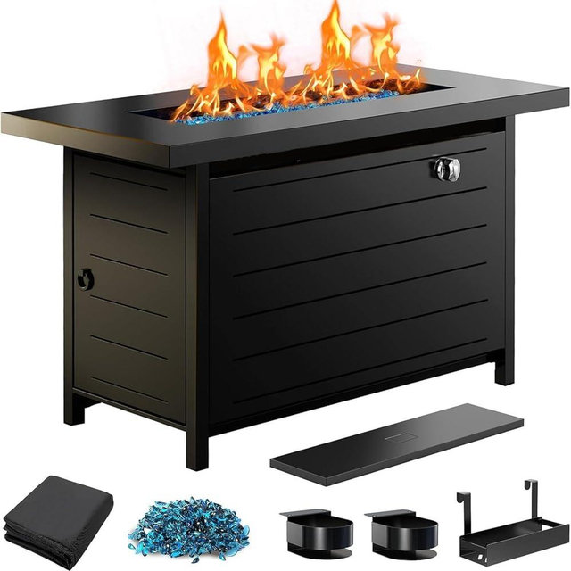 Ciays 43″ Propane Fire Pit with Glass Beads & Lid, 60,000 BTU CSA-Certified Gas Fire Pit with Cup Holders, Hanging Shelf & Nylon Cover, Large Fire Pit Table for Patio/Porch/Deck, Black