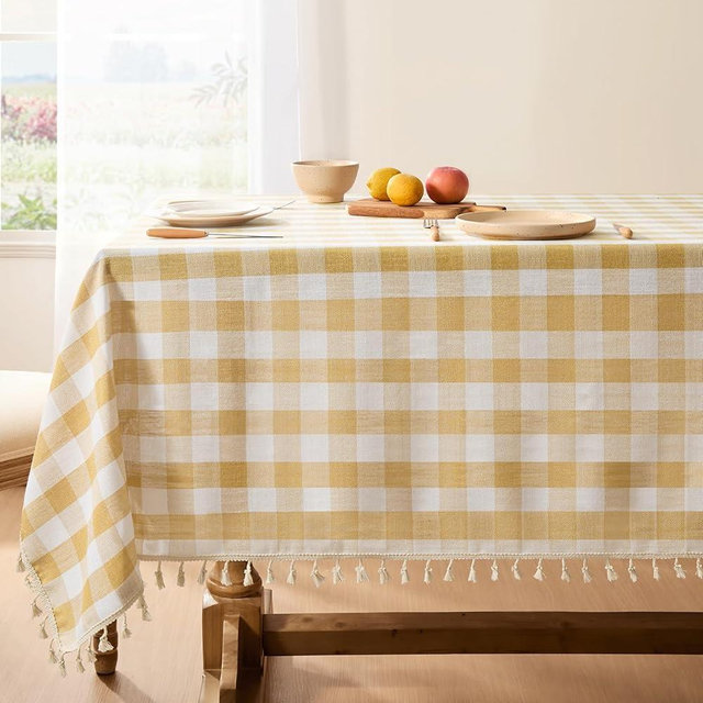 Softalker Checkered Tablecloth Rectangle, Outdoor Linen Cotton Gingham Table Cloth with Tassel, Heavy Duty Wrinkle Free Buffalo Plaid Table Cover for Kitchen Dining Home Party - 55 x 102 Inch, Yellow