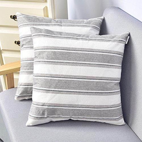 NATUS WEAVER 2 Pieces Multi Color Stripe Lined Linen Burlap Square Throw Cushion Cover Sham Euro Pillowcase with Hidden Zipper, 18" x 18"
