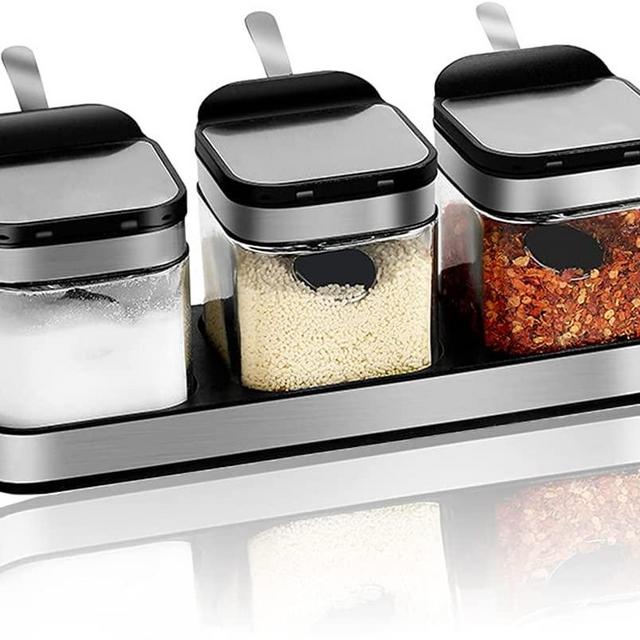 V-Shine Condiment Jar Spice Container with 304 Stainless Steel Lids and Spoons,Clear Glass Condiment Canisters Pots Seasoning Box Salt Container Sugar Bowl Set of 3 for Kitchen, Counter, Food Storage