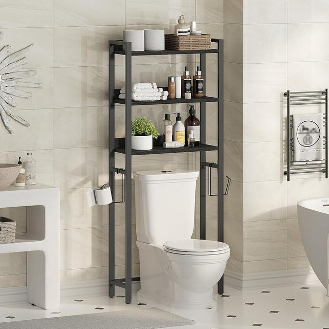 MAHANCRIS Over The Toilet Storage Rack, 3 Tier Bathroom Organizer Over Toilet, Freestanding Space Saver Toilet Stand with 2 Hooks, Bathroom Storage Shelf, Easy to Assemble, Black TSBK6001