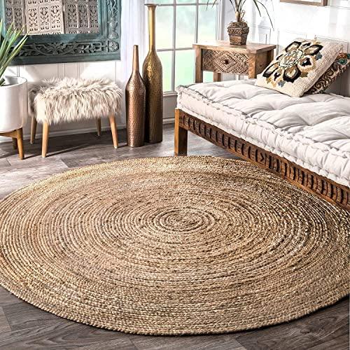 Fernish Décor Handwoven Jute Area Rug, Natural Yarn, Rustic Vintage Braided Reversible Rug, Eco Friendly (6 Feet, Round)