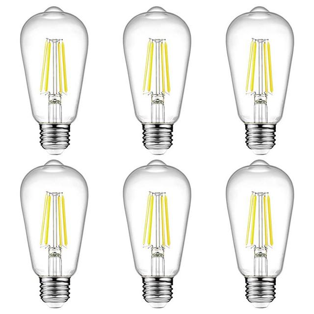 Ascher Vintage LED Edison Bulbs, 6W, Equivalent 60W, High Brightness Daylight White 4000K, ST58 Antique LED Filament Bulbs, E26 Medium Base, Non Dimmable, Clear Glass, Pack of 6