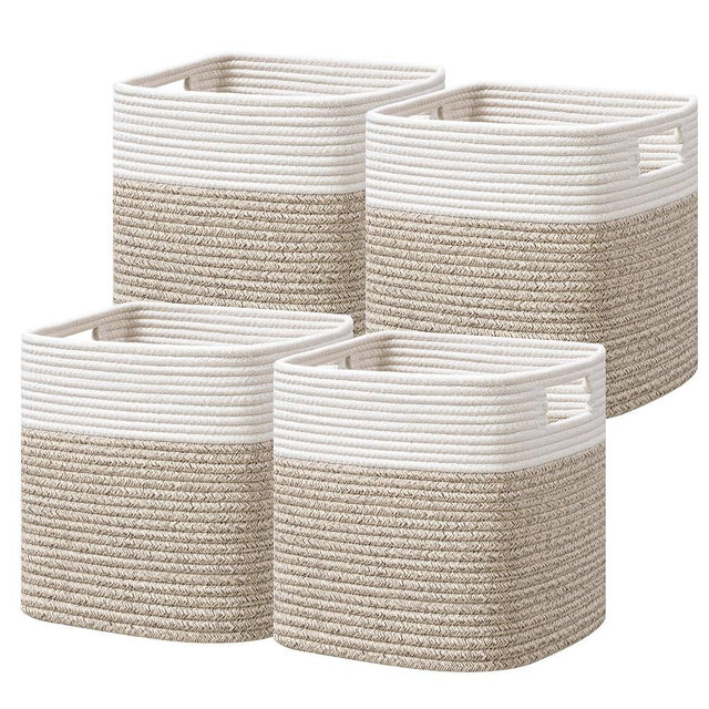 Dreamcountry 13x13 Cube Storage Bins, Storage Cubes with Handles, 4 Pack Cotton Rope Basket for Shelves, Cube Storage Organizer forToys, Book, Clothes, Home, Office, Nursery, White/Brown