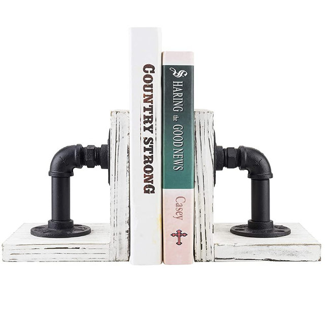 MyGift Industrial Pipe & Whitewashed Wood Decorative Bookends, 1-Pair