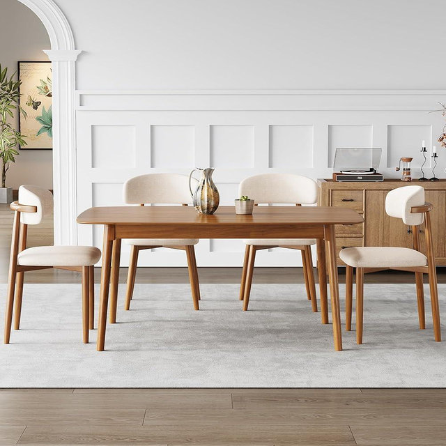Huacar Dining Chairs Set of 4, Upholstered Wooden Dining Chairs, Mid Century Modern Fabric Kitchen Side Chairs with Ergonomic Curved Backrest, Farmhouse Chair for Kitchen Dining Room-Beige