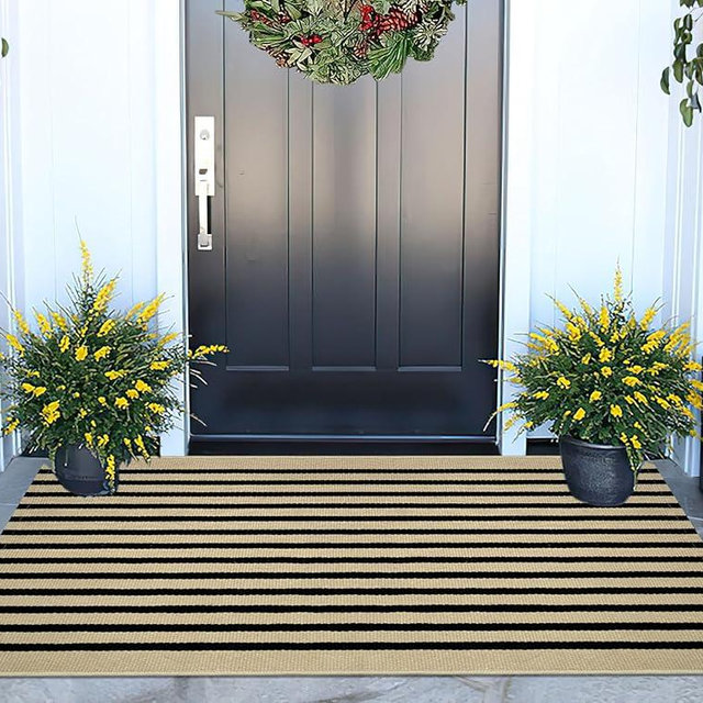 Black and Khaki Outdoor Rug 2'x4',Striped Front Porch Rug Washable Front Door Mat Entryway Throw Rug for Front Porch Indoor Outdoor Doormat