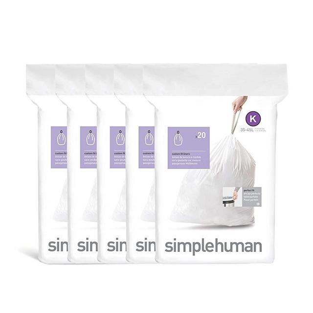 simplehuman Code K Custom Fit Drawstring Trash Bags, 35-45 Liter / 9-12 Gallon, White, 100 Count