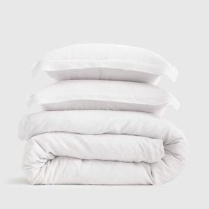 European Linen Double Flange Duvet Cover Set in White | Full/Queen with Shams