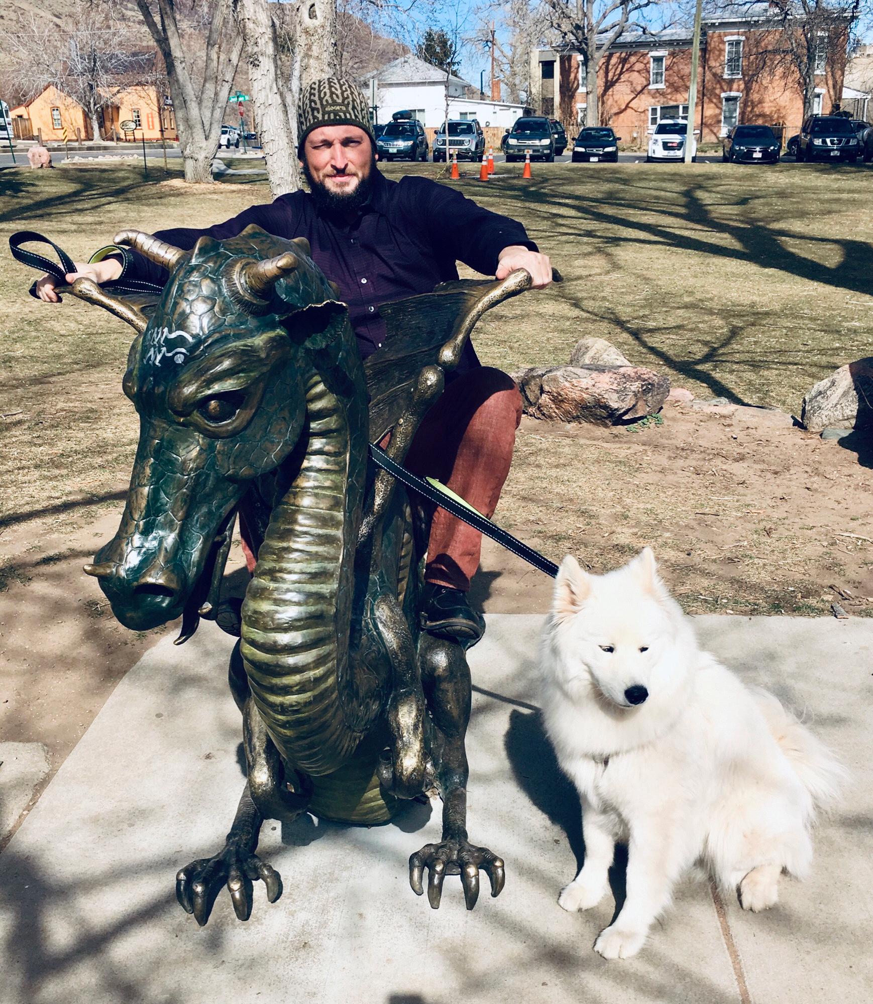 For fellow Game of Thrones fans we offer this picture of Ben riding Drogon with Ghost in tow.
