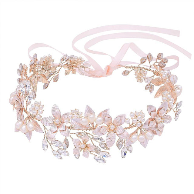 Oriamour Wedding Headband Bridal Headpiece Flower Design With Genuine Freshwater Pearls And Ribbons Hair Accessories For Bride (Rose Gold)
