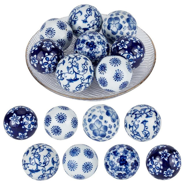 OLYCRAFT 8Pcs Blue and White Porcelain Balls Decorative Porcelain Balls 1.6 Inch Chinoiserie Ball Handmade Ceramic Beads 1mm Hole Ceramic Orbs for Centerpiece Bowls Vases Tables Wedding Home Decor