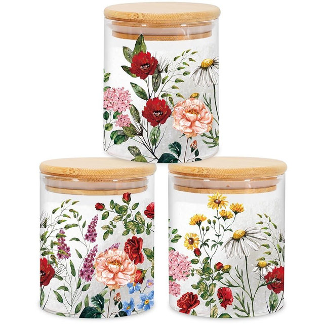 JarThenaAMCS 3Pcs Vintage Floral Glass Storage Jars with Airtight Lid Wildflower Decorative Canisters Sets for Cookie Spring Summer Farmhouse Home Kitchen Countertop