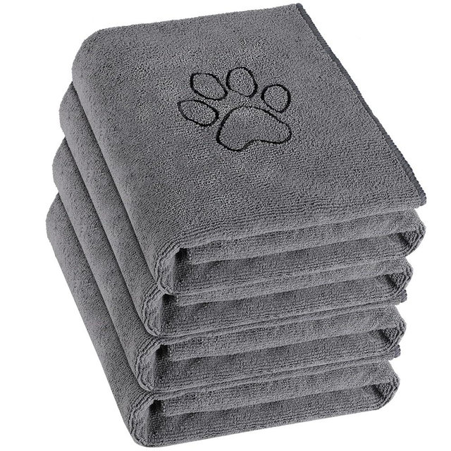 Chumia 4 Pack Dog Towels for Drying Large Microfiber Grooming Tools Absorbent Soft Bath Supplies with Embroidered Paw for Small Medium Pet Products(16 x 32 Inch,Gray)