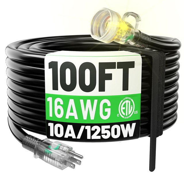 POWGRN 100FT 16 Gauge Black Outdoor Extension Cord Waterproof, 3 Prong Flexible Cold Weatherproof -58℉ Heavy Duty Extension Cord, 10 AMP 1250W SJTW, ETL Listed