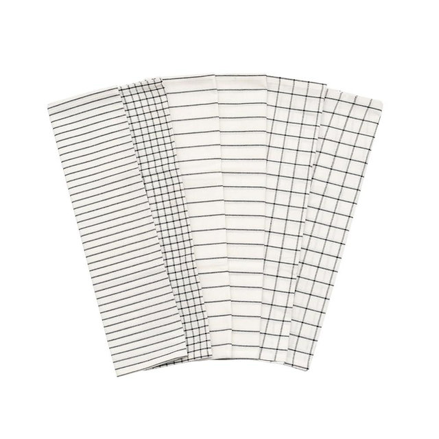 Cotton Kitchen Tea Towels Baking - Lint-Free, 6 Pack, 100% Cotton, Breathable, Washable, Large Size 30"x20", Hanging Loop, Multiple Checks and Stripes Pattern Baking Tea Towels (Black)
